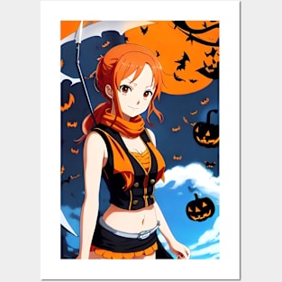 Nami With Pumpkin And Bat Posters and Art